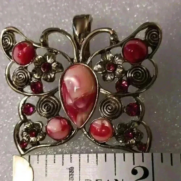 Vintage RMN Butterfly Floral Pendant Pink Silver Trim 2"×2¼ Magnetic Clip - Picture 6 of 6